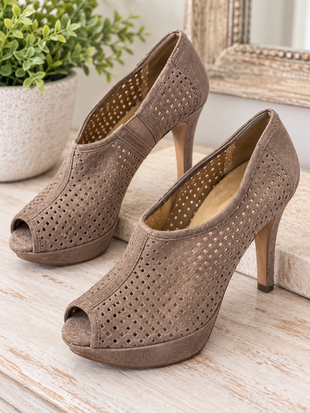Paul Green Taupe Perforated Leather Peep Toe Pumps